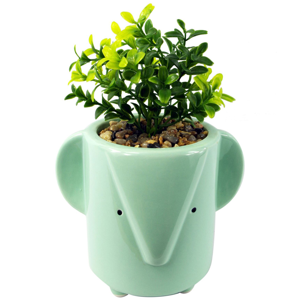 Leaf Foliage Artificial Plant with Blue Ceramic Elephant Planter 20cm Image