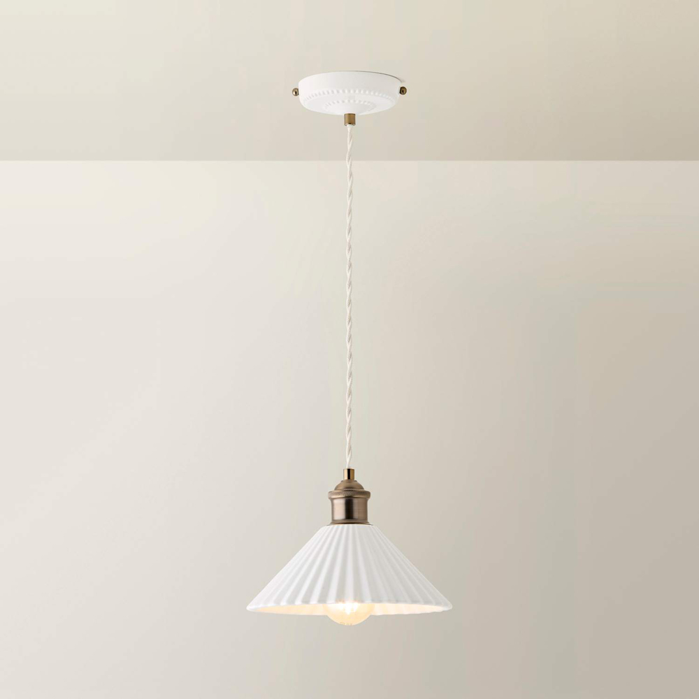 ValueLights Burford White Ribbed Ceramic Shade LED Ceiling Pendant Light with Bulb Image 4