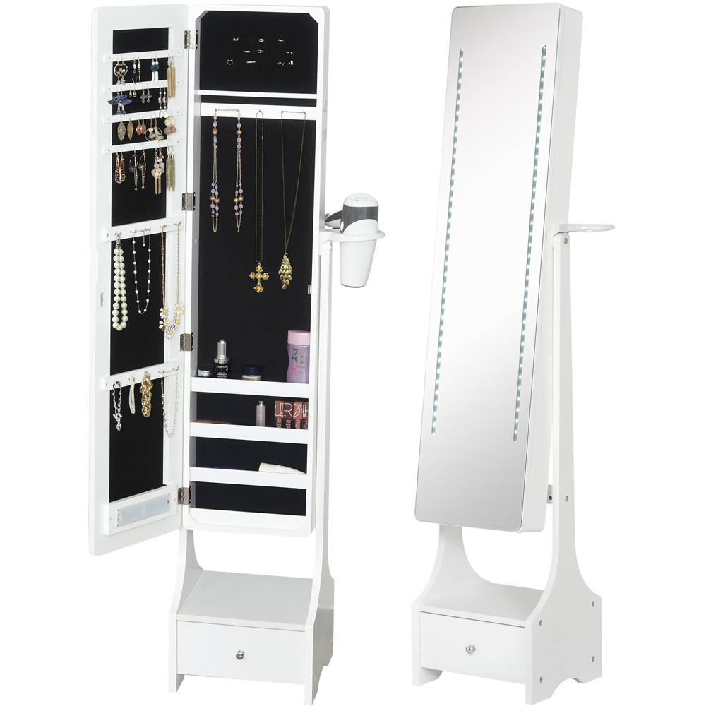 Portland Single Door Single Drawer White Mirrored Jewellery Cabinet with LED and Hairdryer Holder Image 3