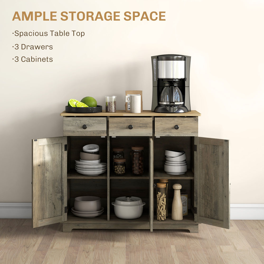 HOMCOM 3 Door 3 Drawer Grey Rubber Wooden Top Sideboard Image 8