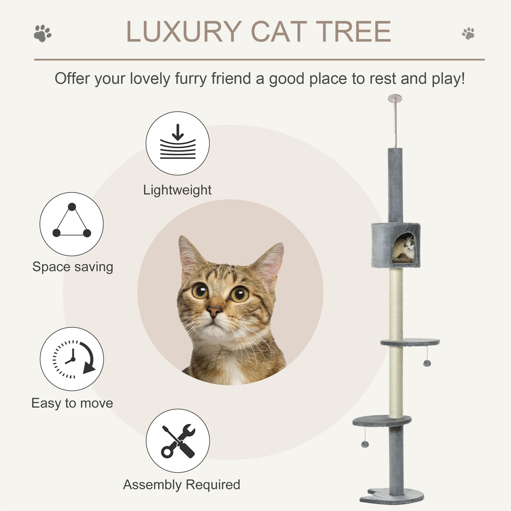 PawHut Light Grey Cat Tree with Solid Scratching Post Image 4