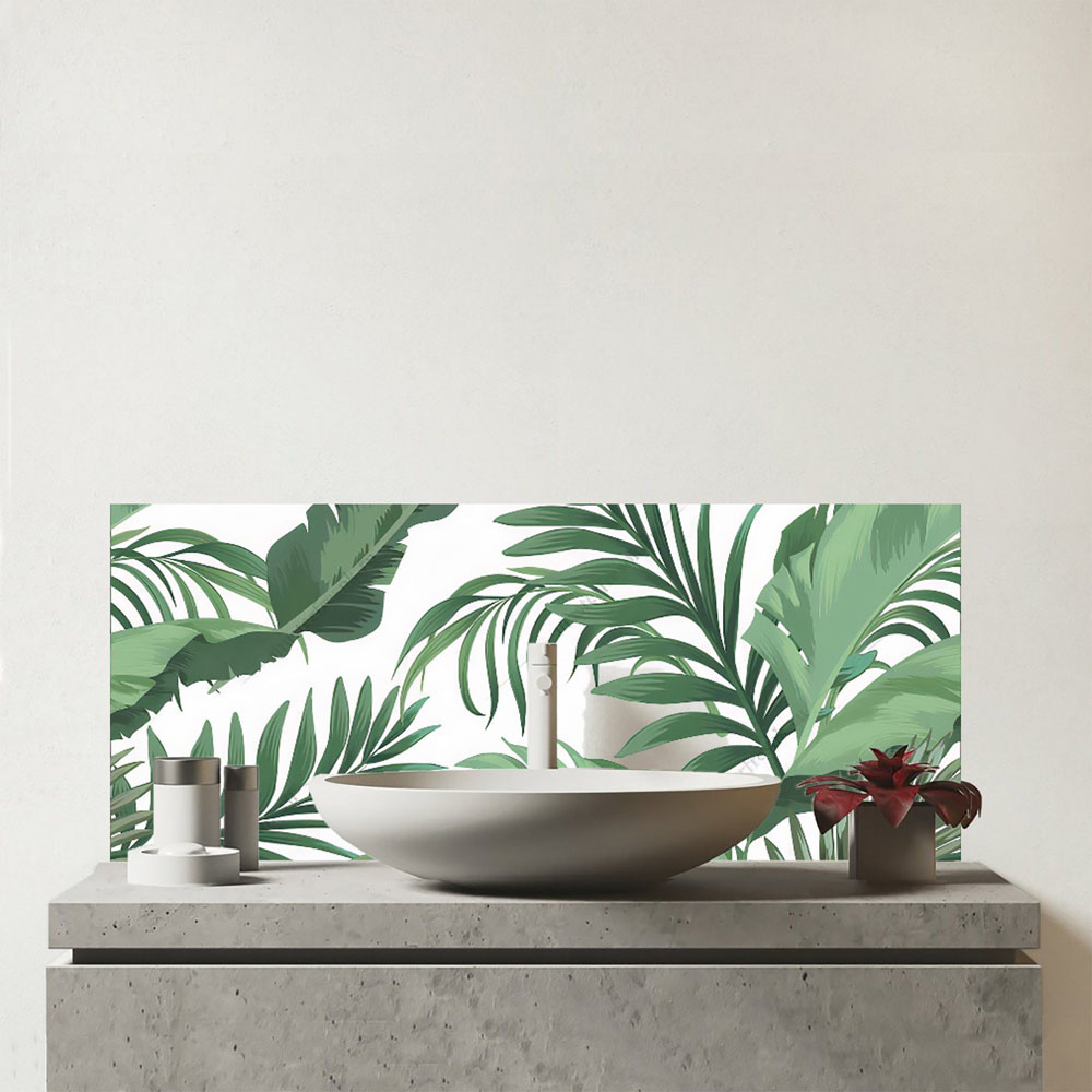 Warren Reed Designer Tropical Leaves Glass Bathroom Splashback 25 x 60cm Image 1