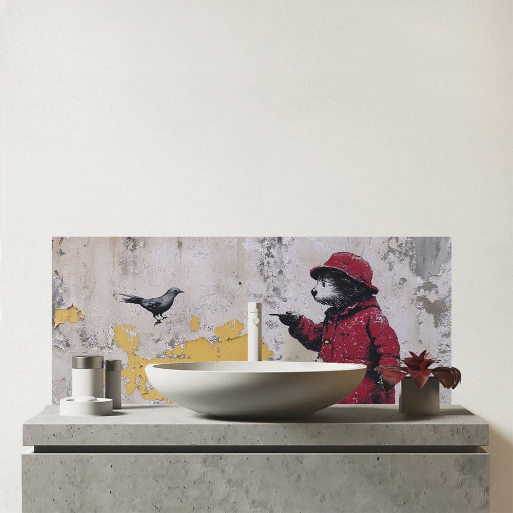 Warren Reed Designer Banksy Inspired Bear Glass Bathroom Splashback 25 x 60cm Image 1