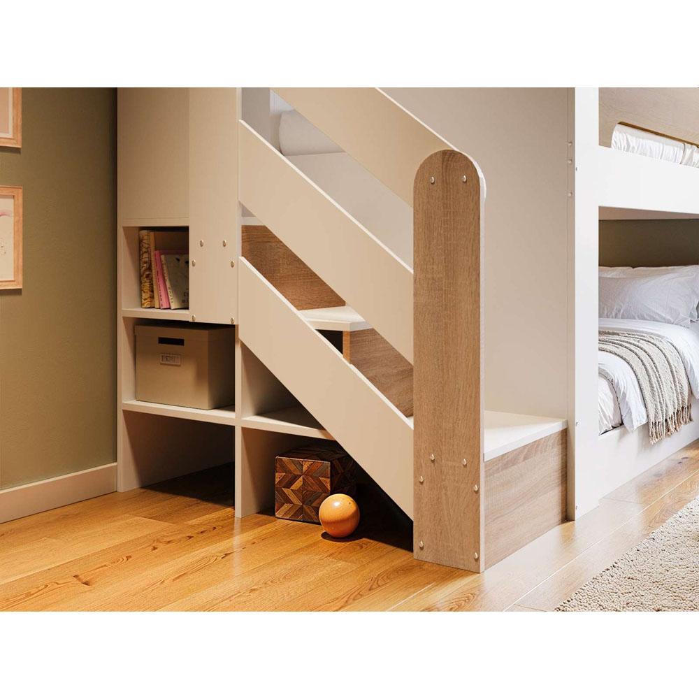 Flair Zeno White and Oak Low Bunk Bed with Staircase and Storage Image 4
