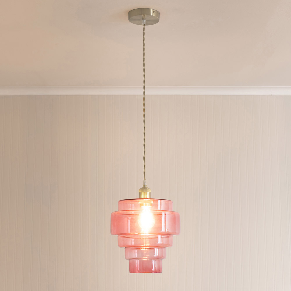 ValueLights Lane 5 Tier Pink Glass Shade Brushed Chrome Single LED Ceiling Pendant Light Image 2