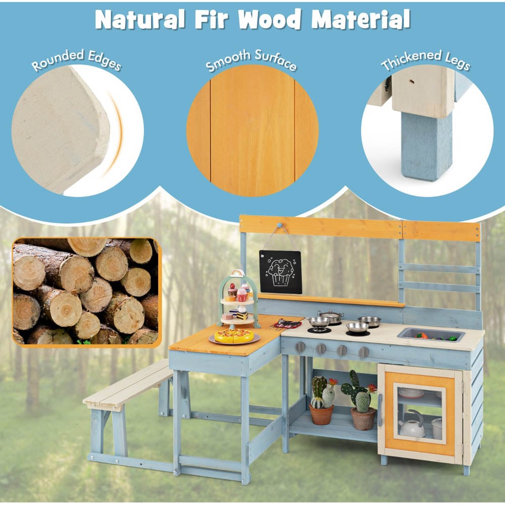 Costway Kids Grey Fir Wood Mud Kitchen Play Set with Picnic Table Image 5