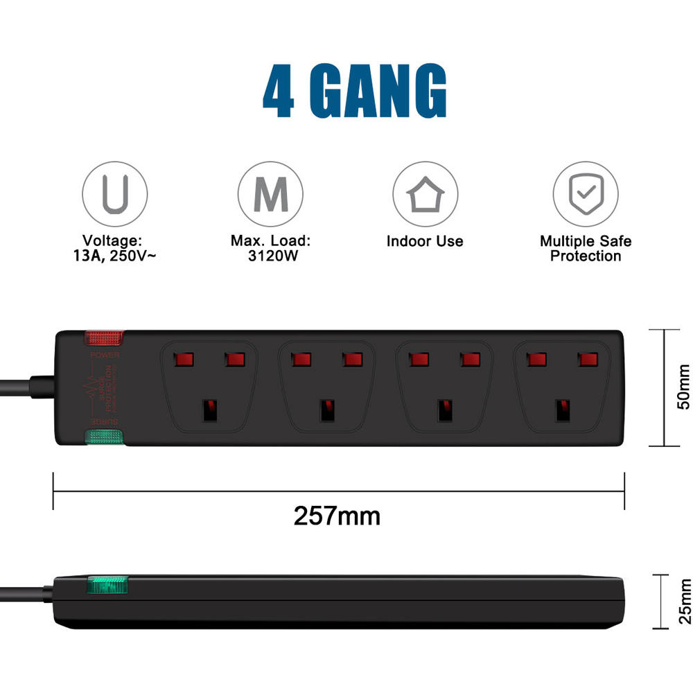 ExtraStar Black 13A 3m 4 Socket Surge Protected Extension Lead Image 6
