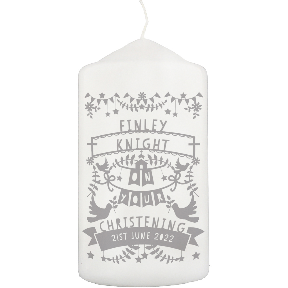 Personalised Memento Personalised Grey Papercut Style Pillar Candle Image 1