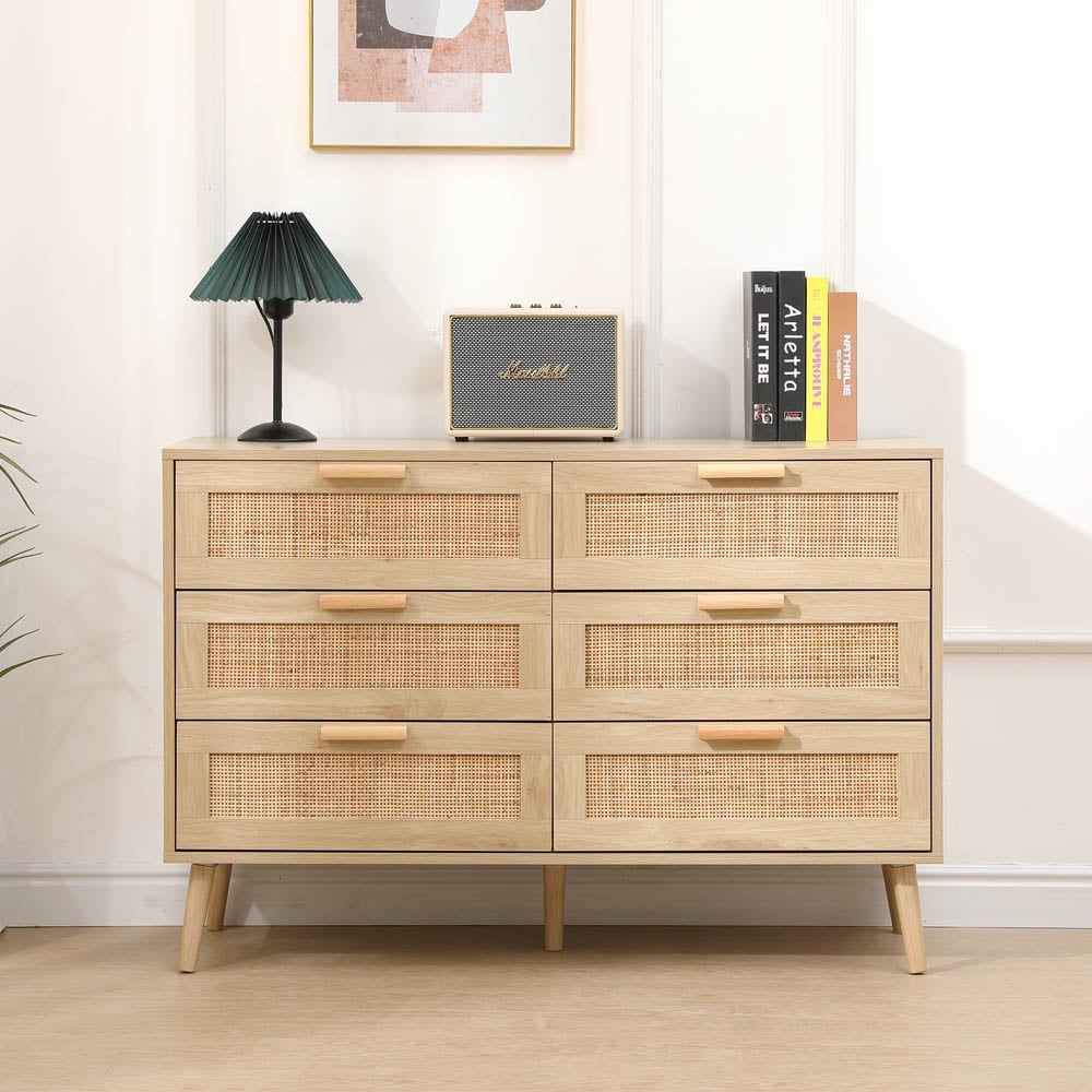 FurnitureHMD 6 Drawer Natural Rattan Woven Front Wooden Chest of Drawers Image 9