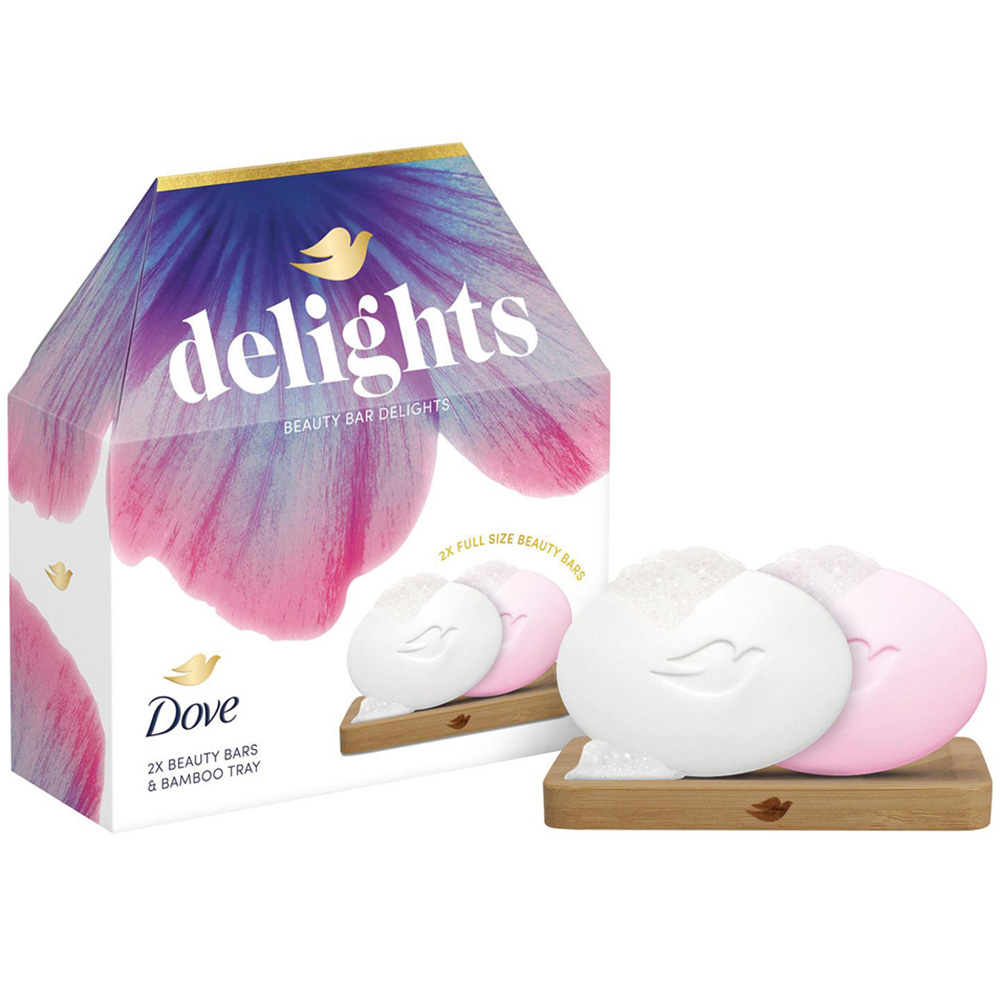 Dove Beauty Bar Delights Original and Pink Soap Gift Set with Bamboo Tray 4 Pack Image 2