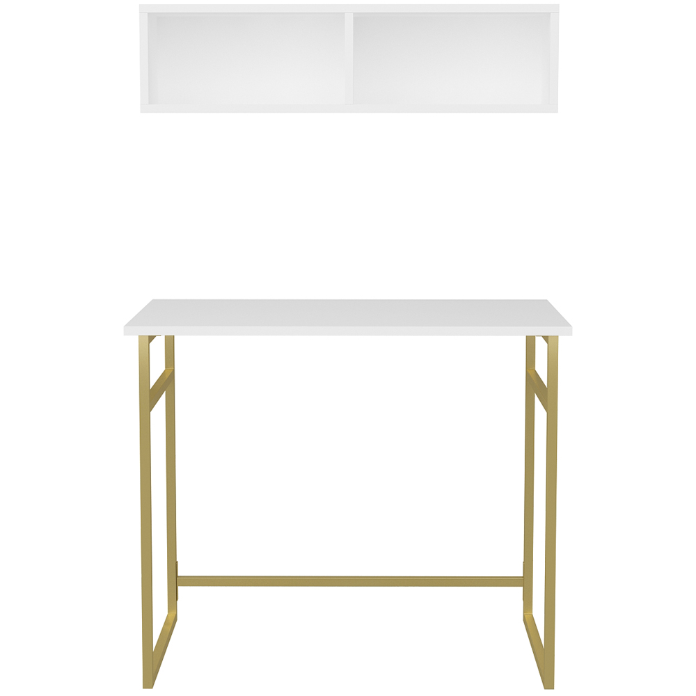 Decorotika Hussum Computer Desk with 2 Section Wall Shelf Gold and White Image 3