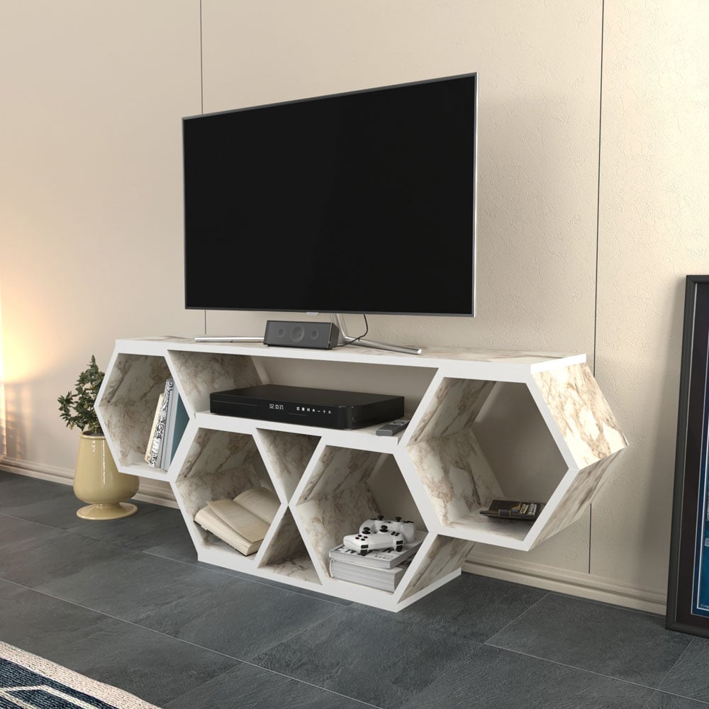Decorotika Honey White Marble Effect Wide Hexagonal TV Unit Image 3
