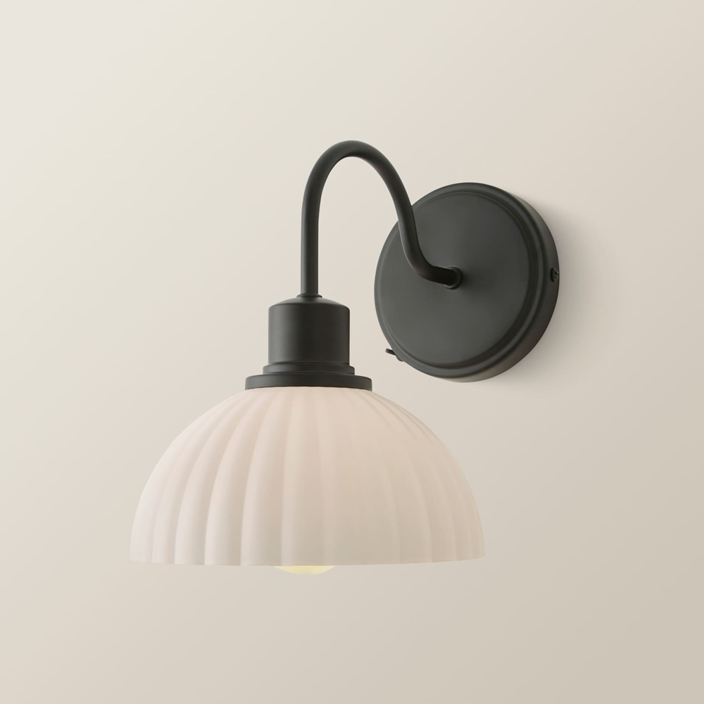 ValueLights Bourton Cream Ribbed Dome Shade Matte Black Wall Light with Bulb 2 Pack Image 5