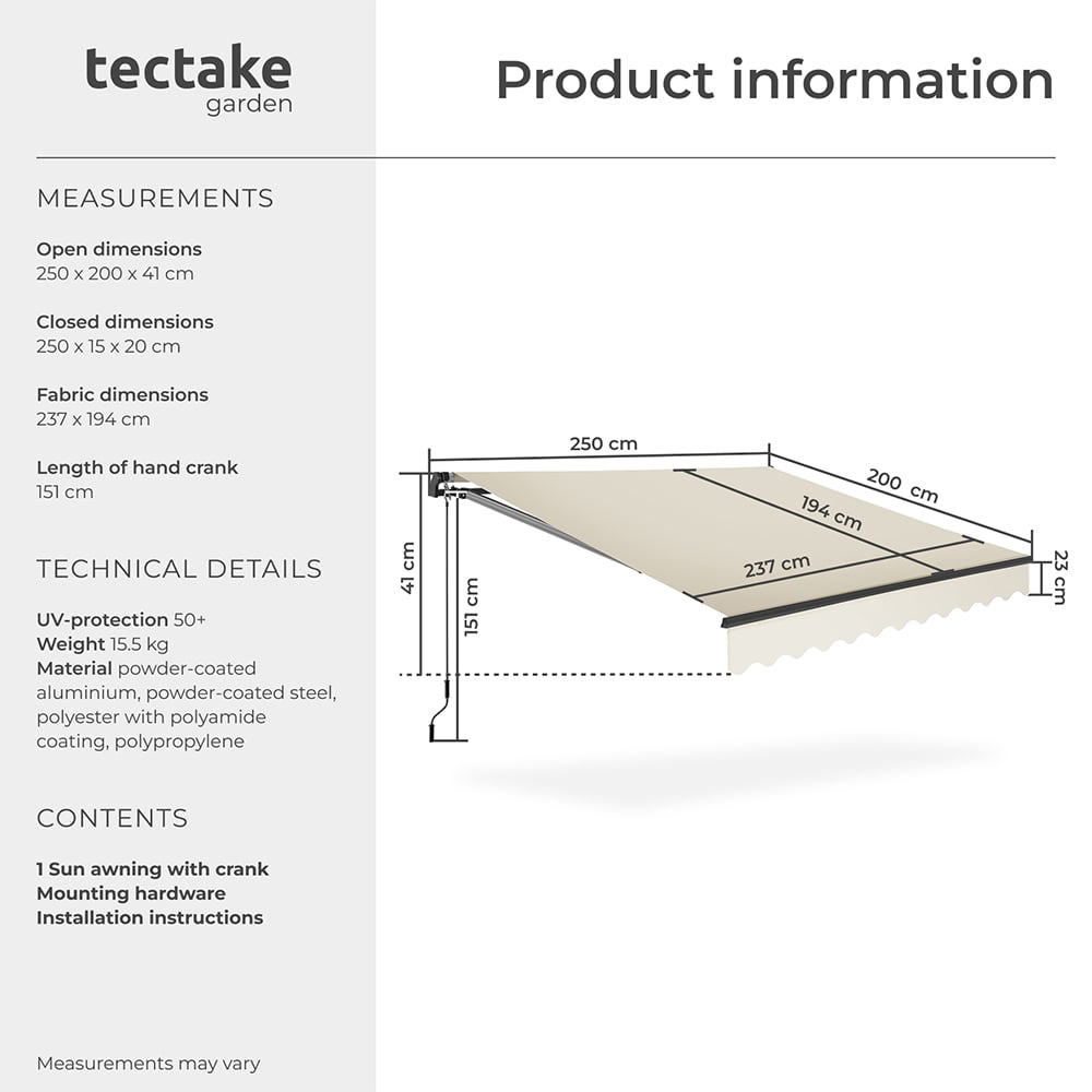 tectake Ornella Beige Retractable Awning 2.5 x 2m Image 8