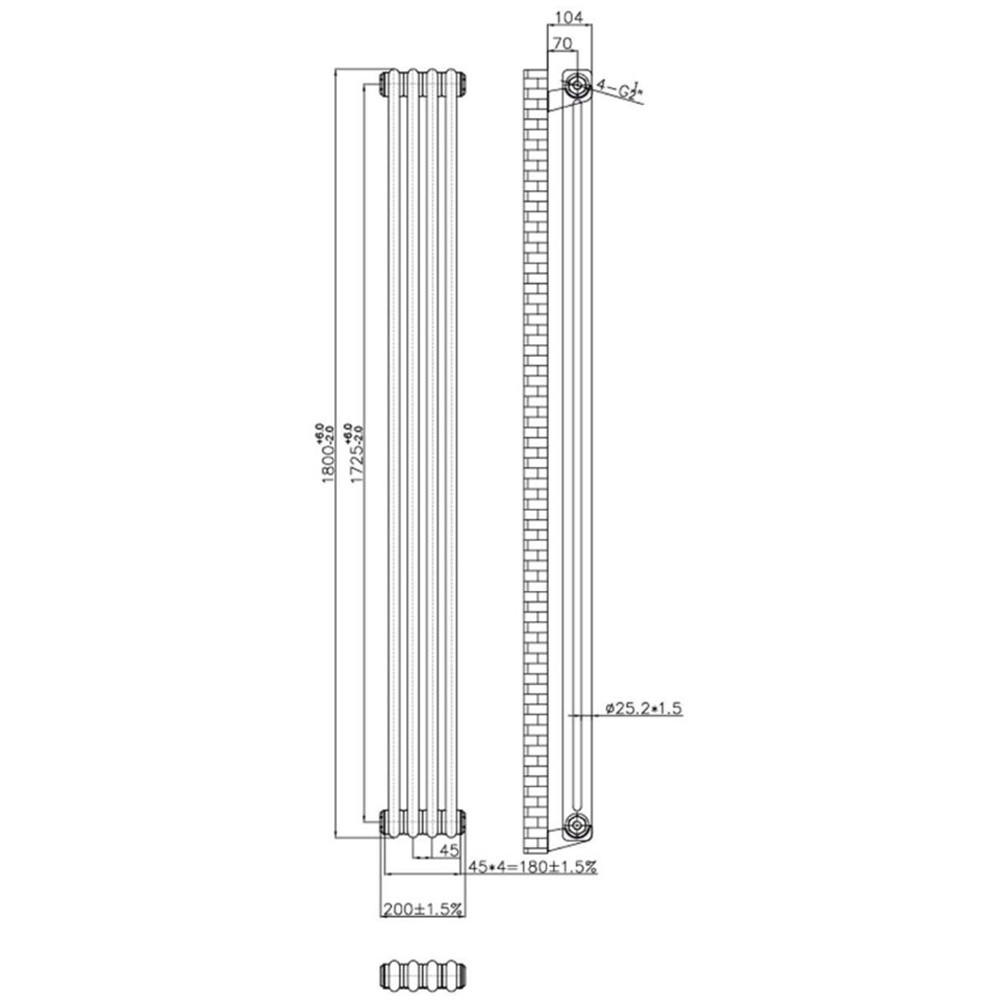 Go Bathrooms Clarence Raw Metal 2 Column 4 Section Radiator 1800 x 200mm Image 2