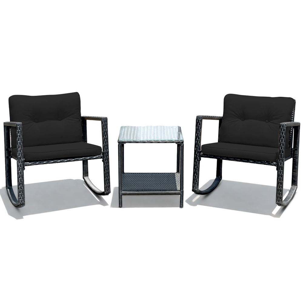 Costway 2 Seater Black PE Rattan Rocking Bistro Set with Cushion Image 2