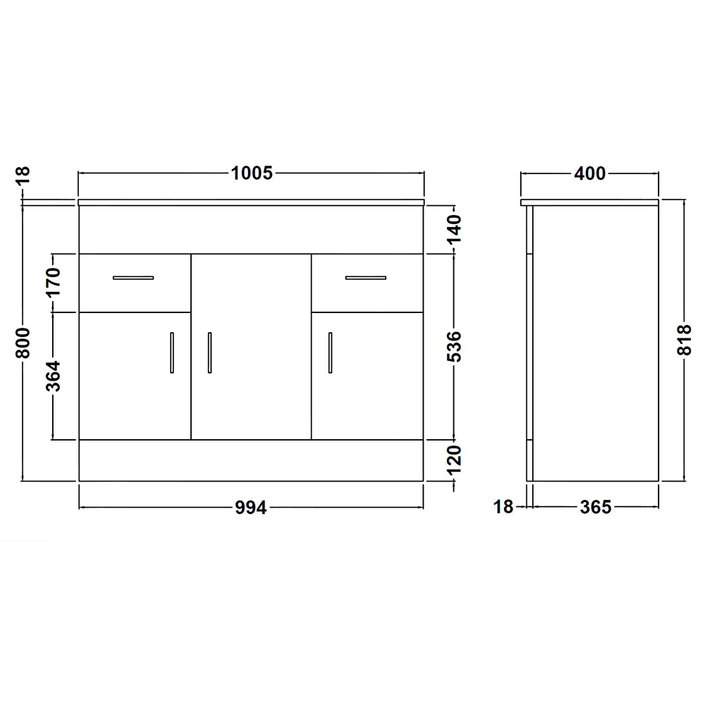nuie Eden 3 Door 2 Drawer Gloss White Floor Standing Vanity Unit with Mid-Edge Basin 1000mm Image 2