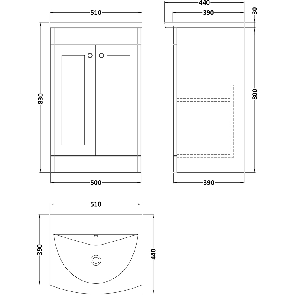 nuie Classique 2 Door Satin Green Floor Standing Unit and 1 Tap Hole Curved Basin 500mm Image 3
