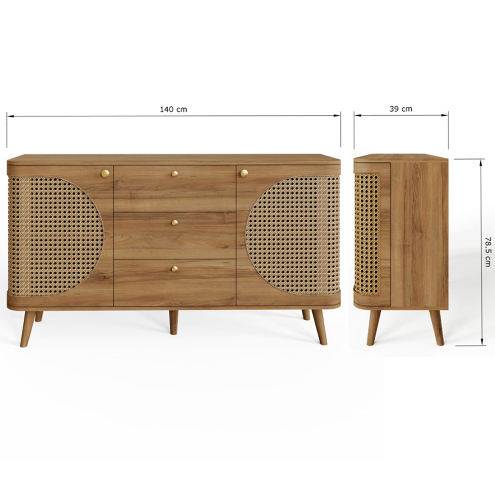 GFW Sorrel 2 Door 3 Drawer Oak Rattan Large Sideboard Image 9