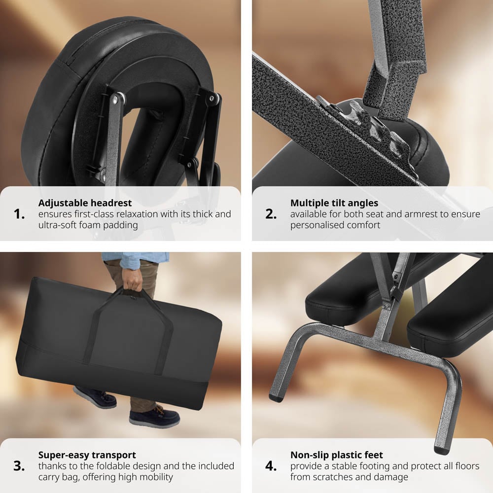 Massage Chair - foldable, cushions for head, chest, arms and seat, with carry bag - Black Image 7