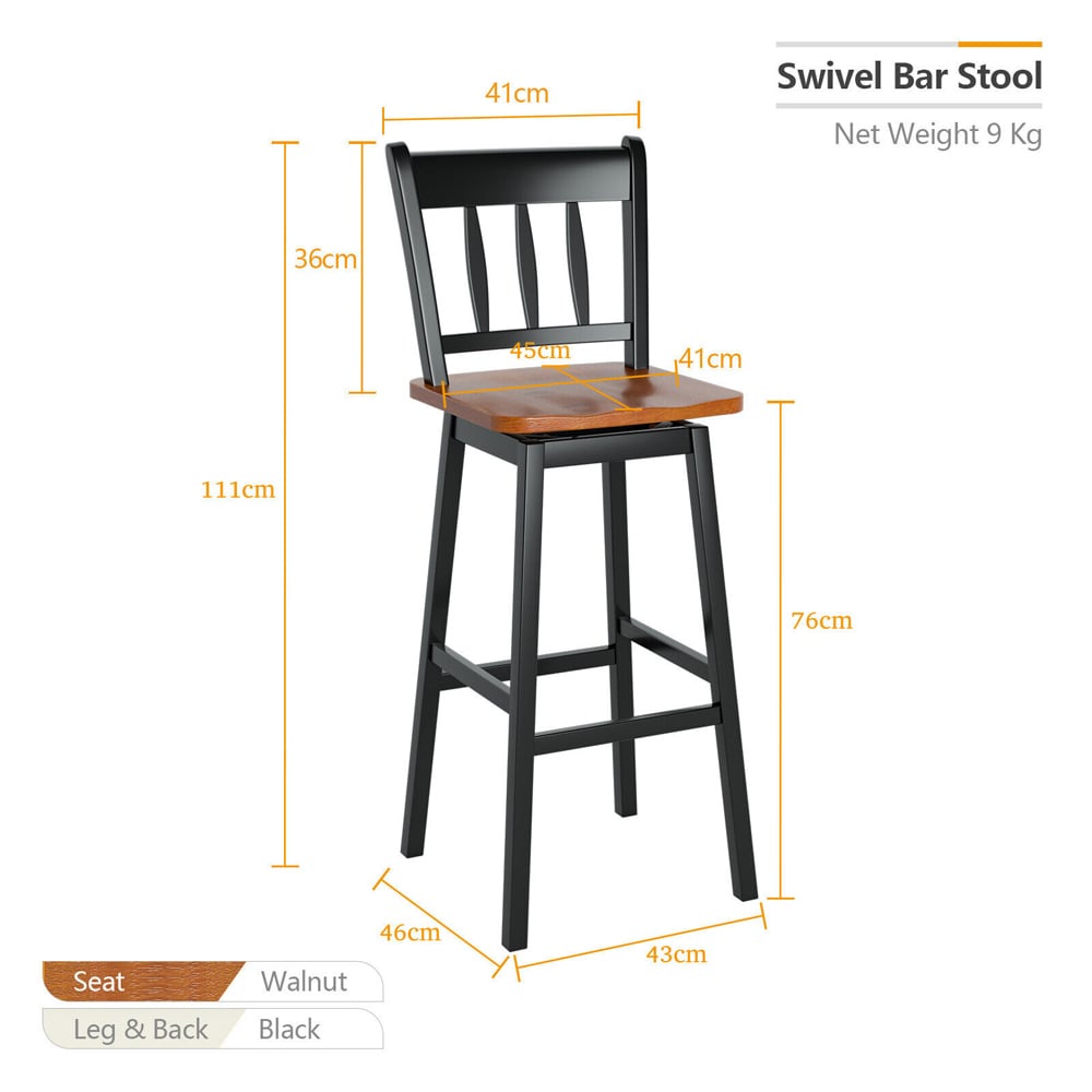 Costway Black Rubberwood Swivel Bar Stool Set of 2 Image 9