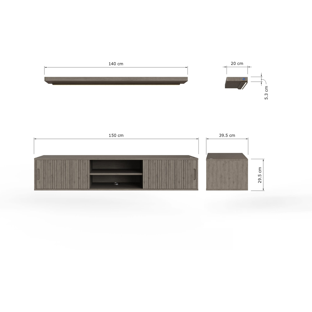 GFW Nina 2 Door 2 Shelf Grey Wall Mounted TV Unit with LED Wall Shelf Image 9