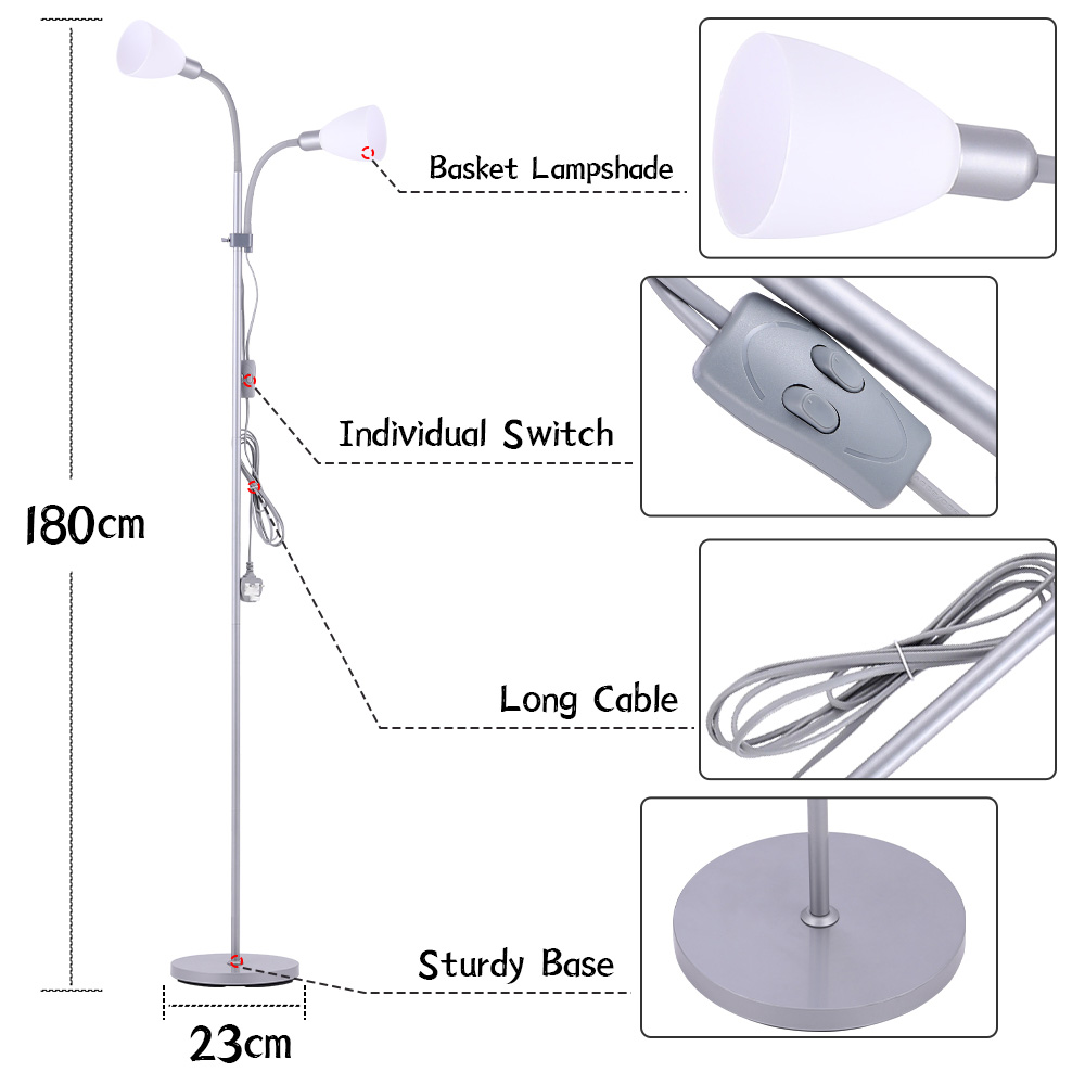 Living and Home White 2 Head Standing Floor Lamp Image 4