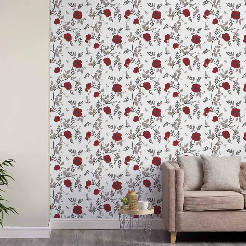 Wilko Rosanna Floral Red Wallpaper Image 2