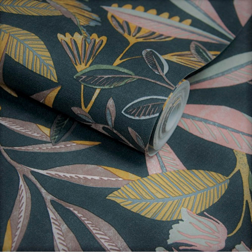 Grandeco Matisse Tropical Leaves Black and Pink Textured Wallpaper Image 2
