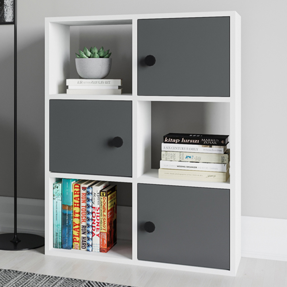 Decorotika Tilton 3 Door 3 Open Shelf White and Anthracite Bookcase Image 1