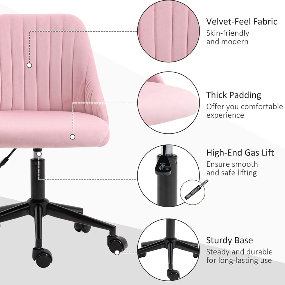 Portland Pink Velvet Office Chair with Adjustable Height and Wheels Image 7