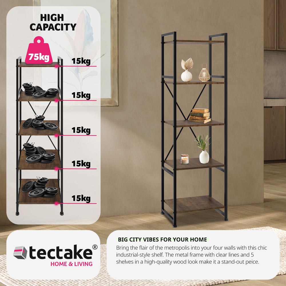 tectake Manchester 5 Shelf Industrial Dark Wood Bookcase Image 4