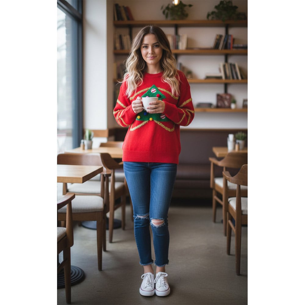 Noel Square Tree Crew Neck Xmas Jumper Small Red Image 2