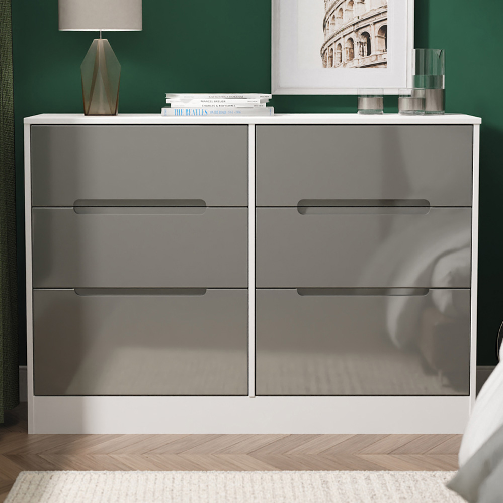 Crowndale Knightsbridge 6 Drawer Grey Gloss and White Wide Chest of Drawers Ready Assembled Image 1
