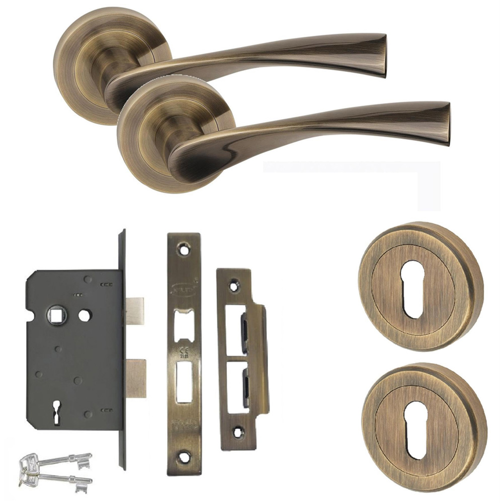 Golden Grace Antique Brass Astrid 3 Lever Classic Door Handle Set with Lock and Key Hole Image 1