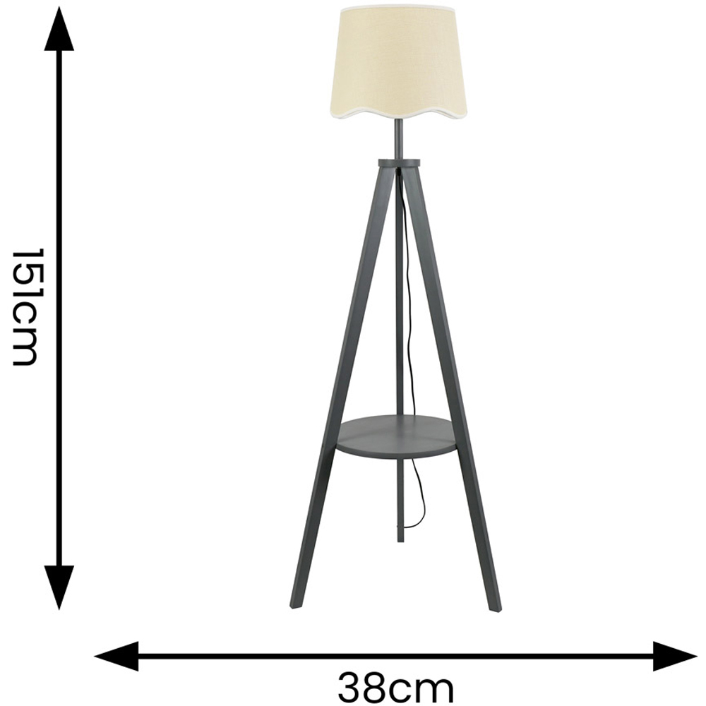 ValueLights Morrigan Grey Wood Shelf White Trim Scallop Shade Tripod Floor Lamp with Bulb Image 4