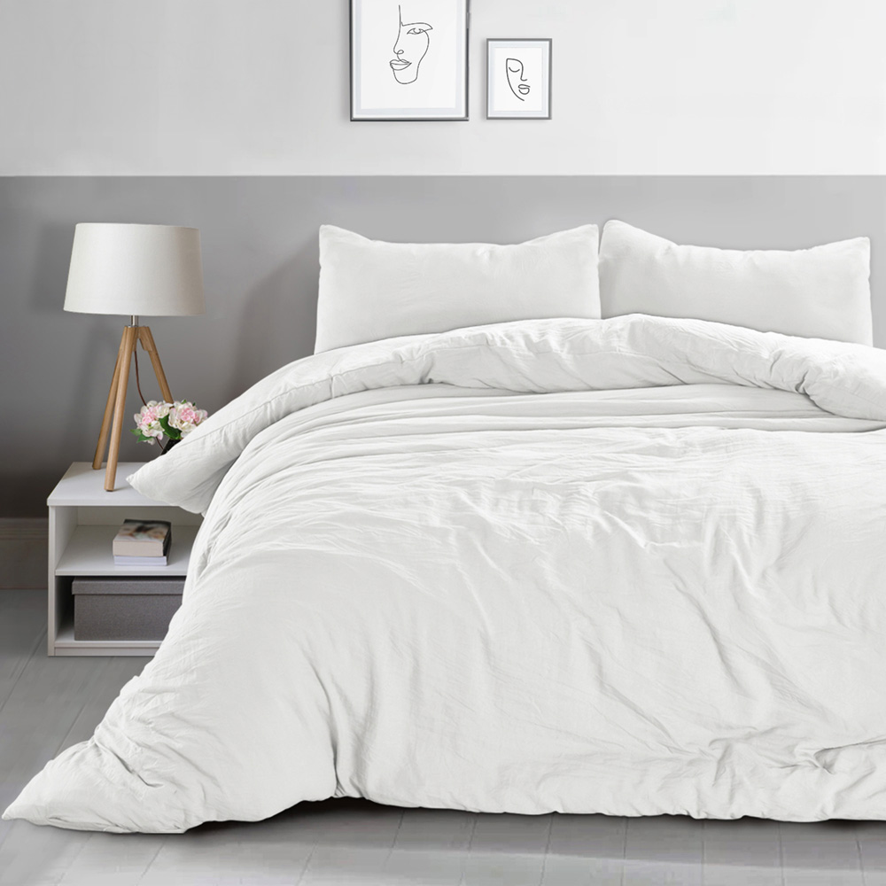 Velosso Washed Linen Look Single White Duvet Set Image 1