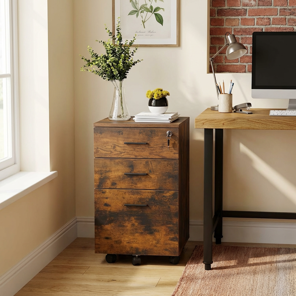 Brown 3 Drawer Wooden Filing Cabinet Brown Image 9