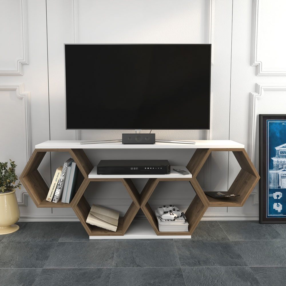 Decorotika Honey White and Walnut Wide Hexagonal TV Unit Image 5