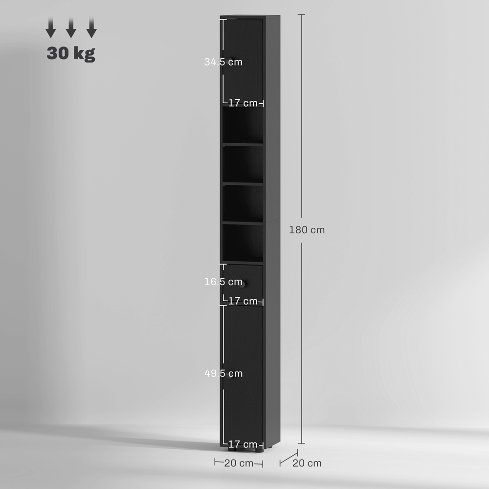 Kleankin 2 Door 4 Shelf Single Drawer Black Slim Bathroom Storage Cabinet Image 9