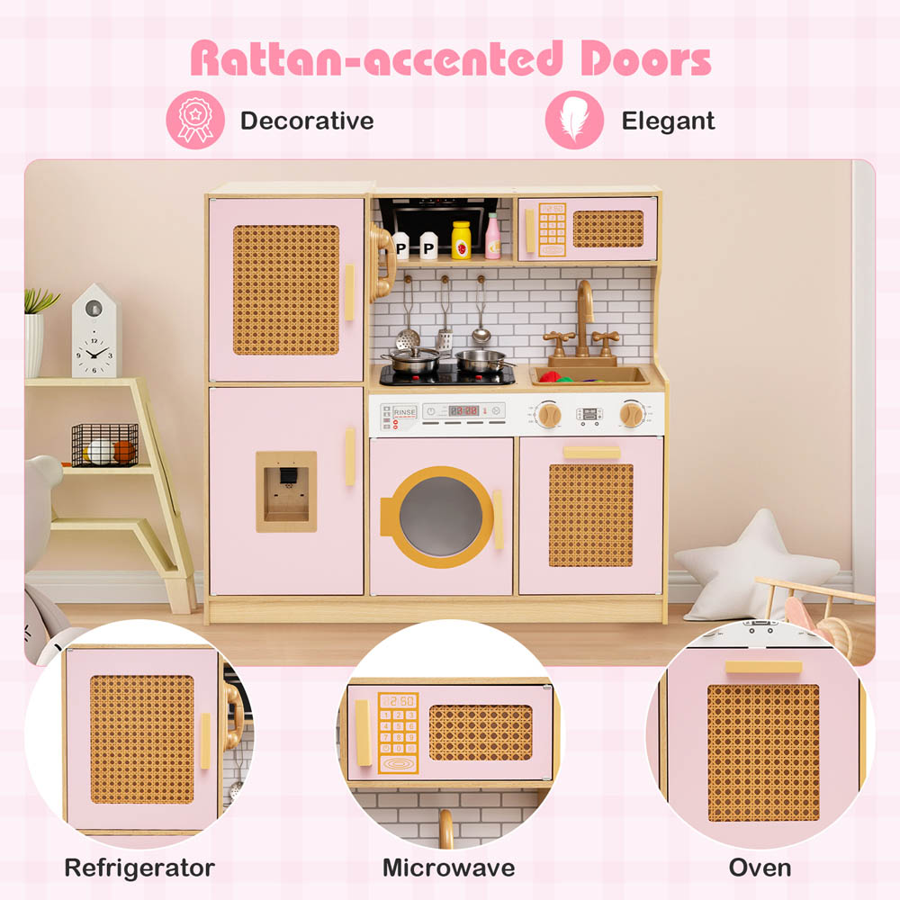 Costway Kids Pink Wooden Kitchen Playset with Stove and Water Dispenser Image 6