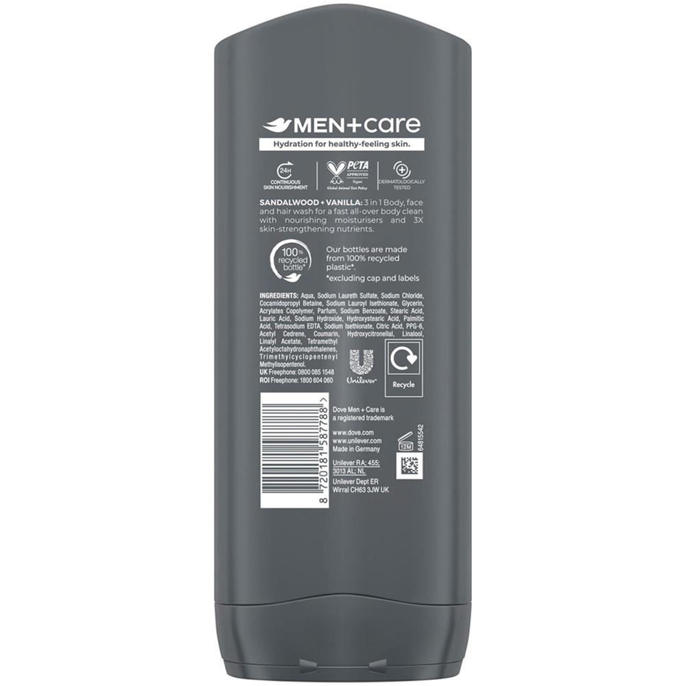 Dove Men+ Care 3-in-1 Sandalwood and Vanilla Body Face and Hair Wash 400ml 12 Pack Image 3