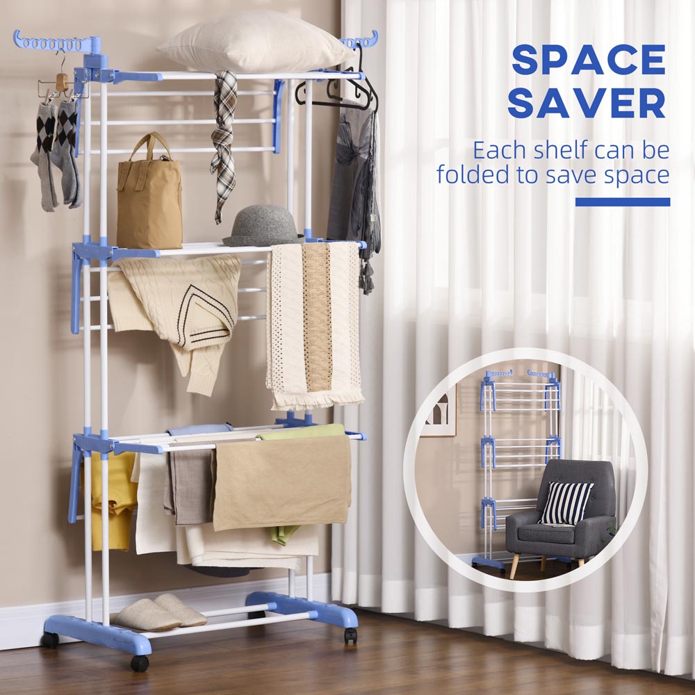 HOMCOM 4-Tier Blue Foldable Clothes Drying Rack with Casters Image 6