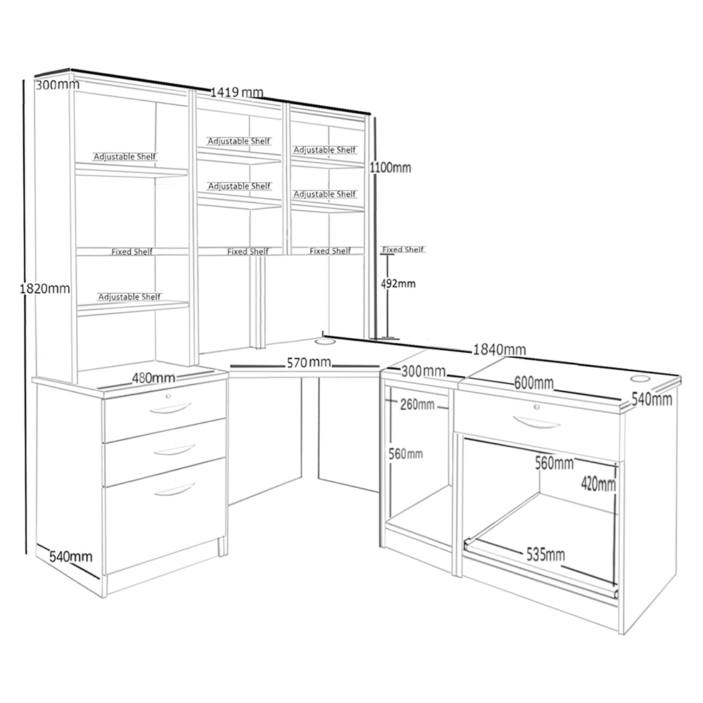 R White Cabinets 4 Drawer Corner Set-20 Computer Desk with Printer Shelf and Bookcase Black Image 5