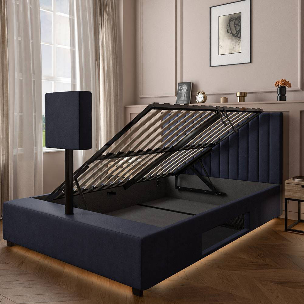 XR Living Maisie Double Navy Blue Velvet Ottoman TV Bed with LED Under Frame Image 3