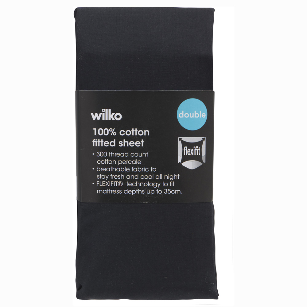 Wilko Best Double Black 300 Thread Count Percale Fitted Bed Sheet Image 2