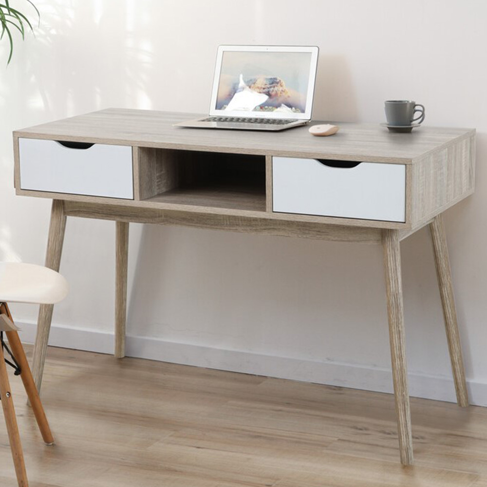 2 Drawer White and Light Oak Effect Computer Desk Image 1