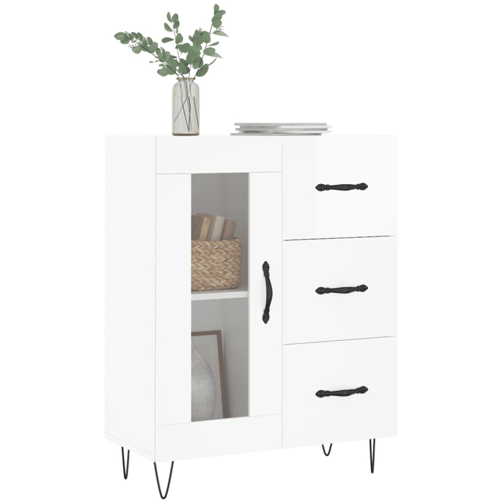 vidaXL Single Glass Door 3 Drawer High Gloss White Sideboard Image 3