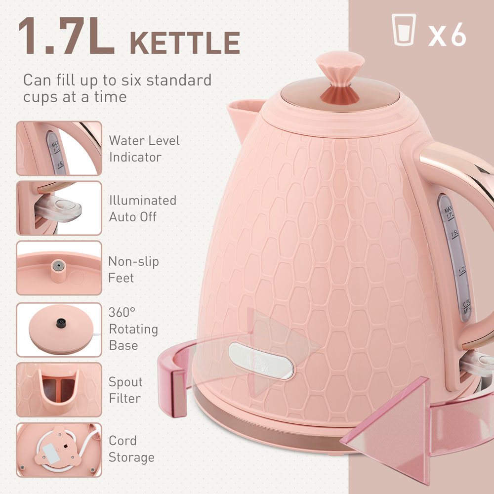 HOMCOM 800-181V70PK Light Pink 1.7L Kettle and 2 Slice Toaster Set Image 8