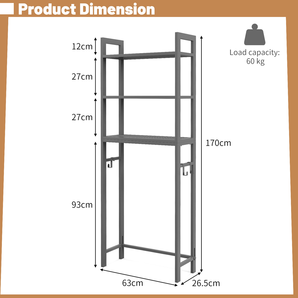 Costway 3 Shelf Grey Over The Toilet Storage Shelf with Hooks Image 8